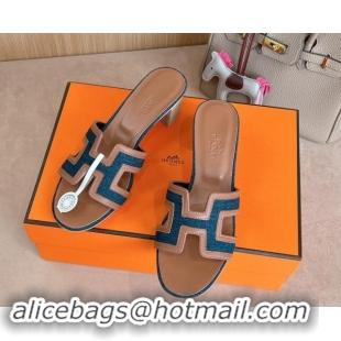 Best Grade Hermes Classic Oasis Heel Slides Sandal 5cm in Calfskin and Denim Brown/Blue 1008136