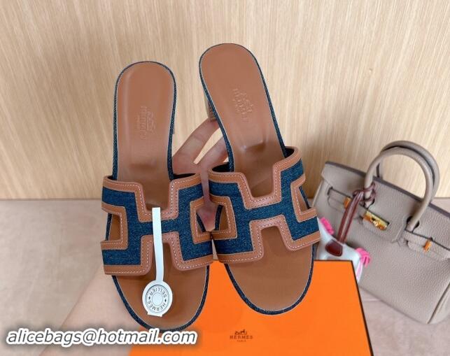 Best Grade Hermes Classic Oasis Heel Slides Sandal 5cm in Calfskin and Denim Brown/Blue 1008136