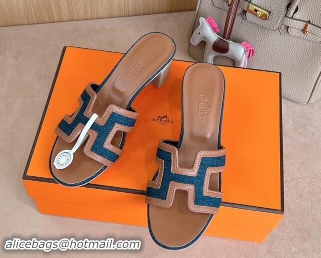 Best Grade Hermes Classic Oasis Heel Slides Sandal 5cm in Calfskin and Denim Brown/Blue 1008136