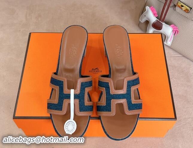 Best Grade Hermes Classic Oasis Heel Slides Sandal 5cm in Calfskin and Denim Brown/Blue 1008136