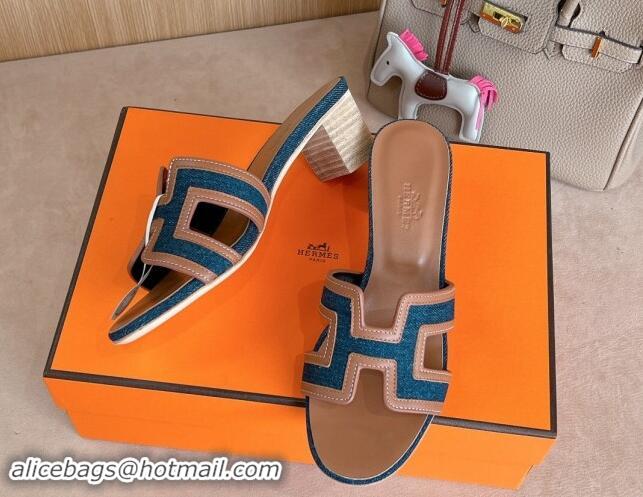 Best Grade Hermes Classic Oasis Heel Slides Sandal 5cm in Calfskin and Denim Brown/Blue 1008136