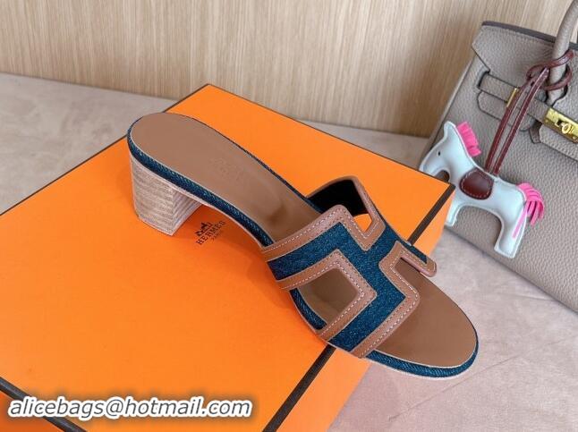 Best Grade Hermes Classic Oasis Heel Slides Sandal 5cm in Calfskin and Denim Brown/Blue 1008136