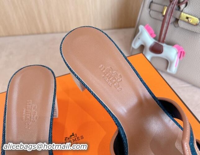 Best Grade Hermes Classic Oasis Heel Slides Sandal 5cm in Calfskin and Denim Brown/Blue 1008136