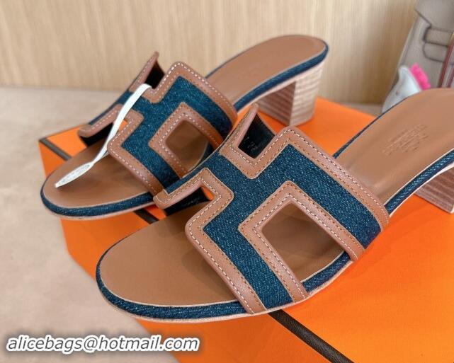 Best Grade Hermes Classic Oasis Heel Slides Sandal 5cm in Calfskin and Denim Brown/Blue 1008136