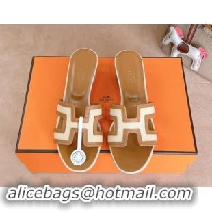 Shop Duplicate Hermes Classic Oasis Heel Slides Sandal 5cm in Calfskin and Denim Brown/White 1008137