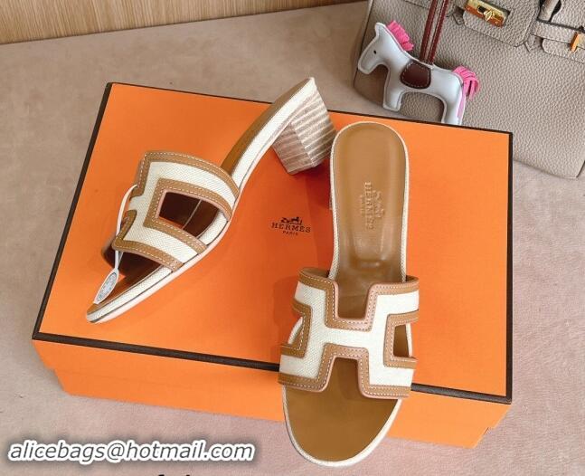 Shop Duplicate Hermes Classic Oasis Heel Slides Sandal 5cm in Calfskin and Denim Brown/White 1008137