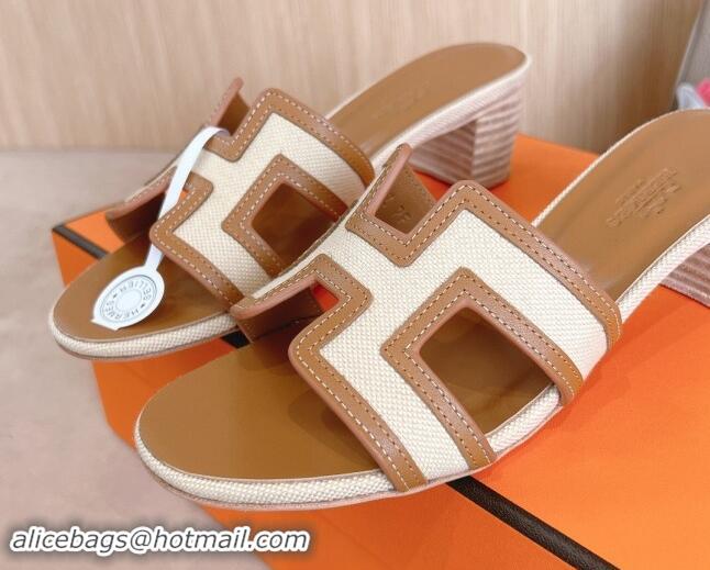 Shop Duplicate Hermes Classic Oasis Heel Slides Sandal 5cm in Calfskin and Denim Brown/White 1008137