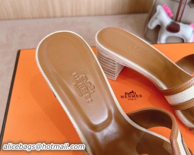 Shop Duplicate Hermes Classic Oasis Heel Slides Sandal 5cm in Calfskin and Denim Brown/White 1008137