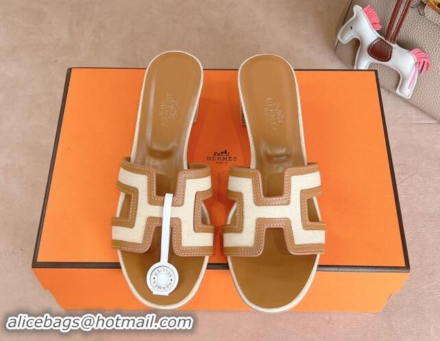 Shop Duplicate Hermes Classic Oasis Heel Slides Sandal 5cm in Calfskin and Denim Brown/White 1008137