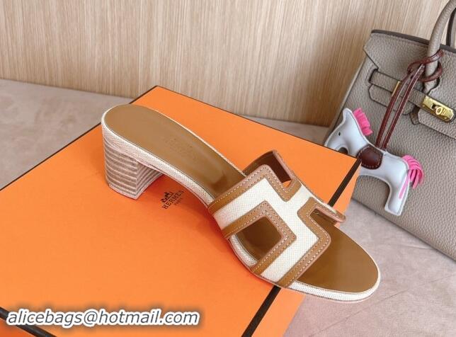 Shop Duplicate Hermes Classic Oasis Heel Slides Sandal 5cm in Calfskin and Denim Brown/White 1008137