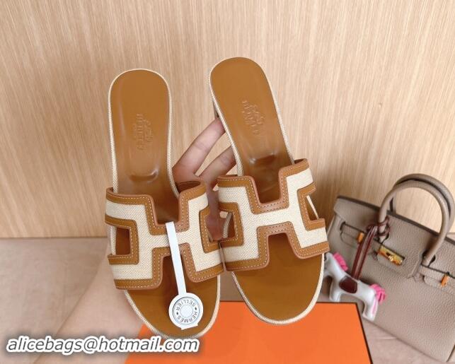 Shop Duplicate Hermes Classic Oasis Heel Slides Sandal 5cm in Calfskin and Denim Brown/White 1008137