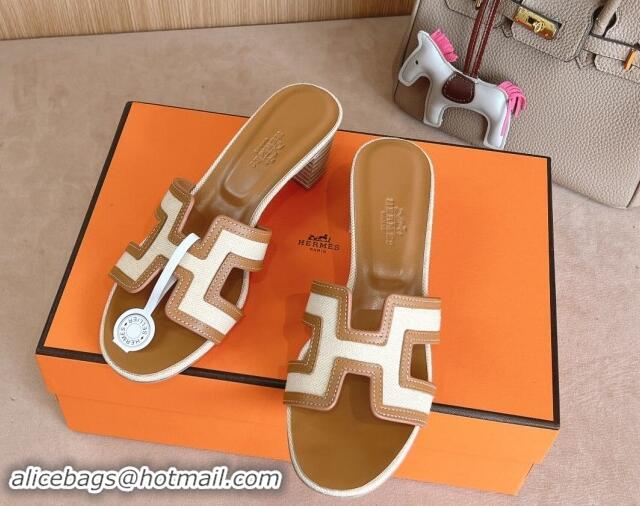 Shop Duplicate Hermes Classic Oasis Heel Slides Sandal 5cm in Calfskin and Denim Brown/White 1008137