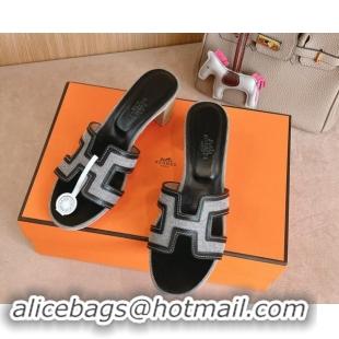 Buy Luxury Hermes Classic Oasis Heel Slides Sandal 5cm in Calfskin and Denim Black/Grey 1008138