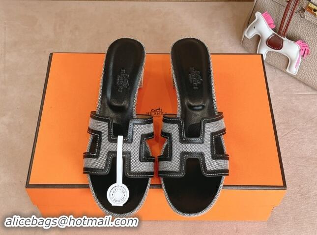 Buy Luxury Hermes Classic Oasis Heel Slides Sandal 5cm in Calfskin and Denim Black/Grey 1008138