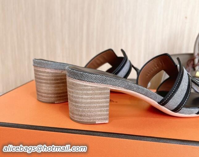 Buy Luxury Hermes Classic Oasis Heel Slides Sandal 5cm in Calfskin and Denim Black/Grey 1008138