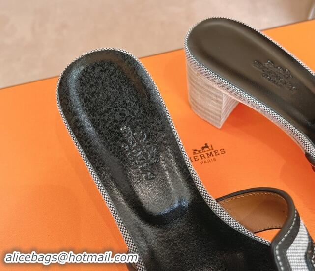 Buy Luxury Hermes Classic Oasis Heel Slides Sandal 5cm in Calfskin and Denim Black/Grey 1008138