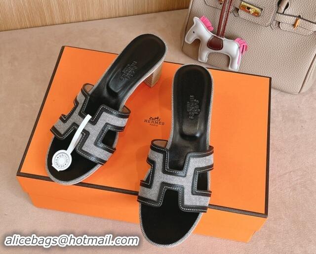 Buy Luxury Hermes Classic Oasis Heel Slides Sandal 5cm in Calfskin and Denim Black/Grey 1008138