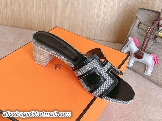 Buy Luxury Hermes Classic Oasis Heel Slides Sandal 5cm in Calfskin and Denim Black/Grey 1008138