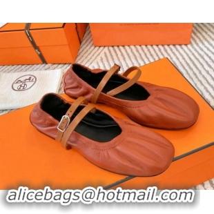 Grade Hermes Jolly Ballet Flats in Calfskin Leather Wrap-Around Strap Brown 1008139