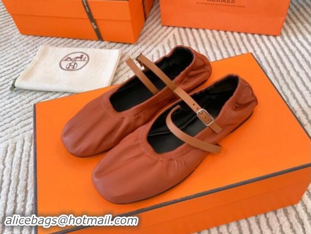 Grade Hermes Jolly Ballet Flats in Calfskin Leather Wrap-Around Strap Brown 1008139