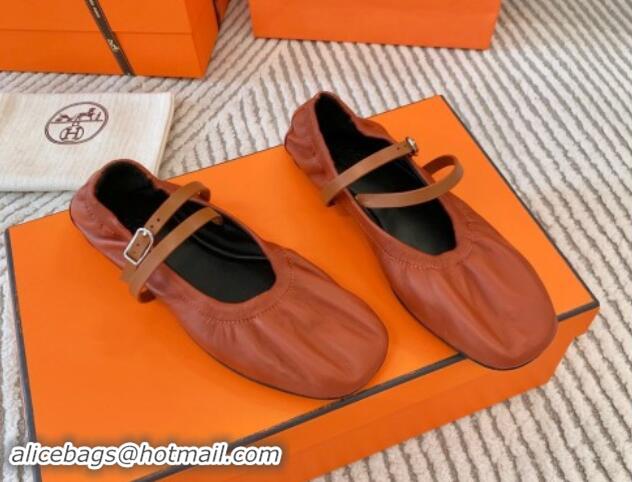 Grade Hermes Jolly Ballet Flats in Calfskin Leather Wrap-Around Strap Brown 1008139