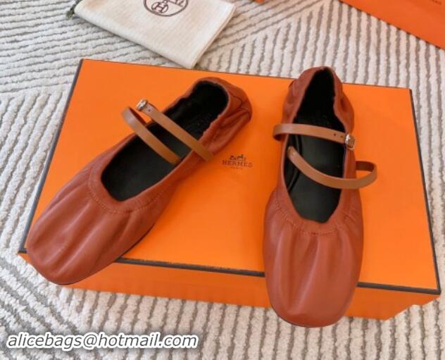 Grade Hermes Jolly Ballet Flats in Calfskin Leather Wrap-Around Strap Brown 1008139