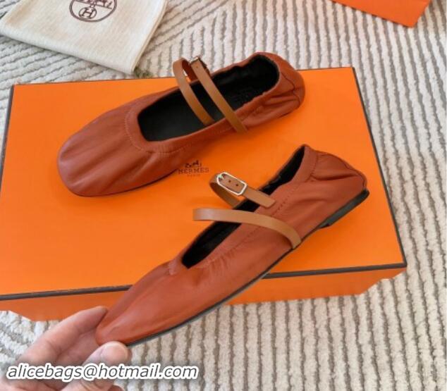 Grade Hermes Jolly Ballet Flats in Calfskin Leather Wrap-Around Strap Brown 1008139