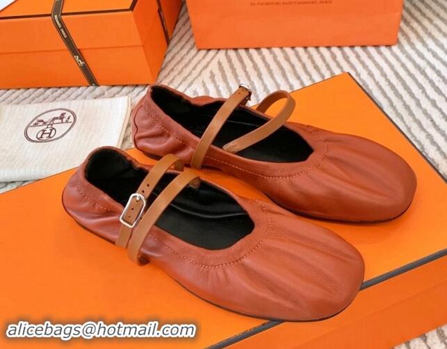 Grade Hermes Jolly Ballet Flats in Calfskin Leather Wrap-Around Strap Brown 1008139