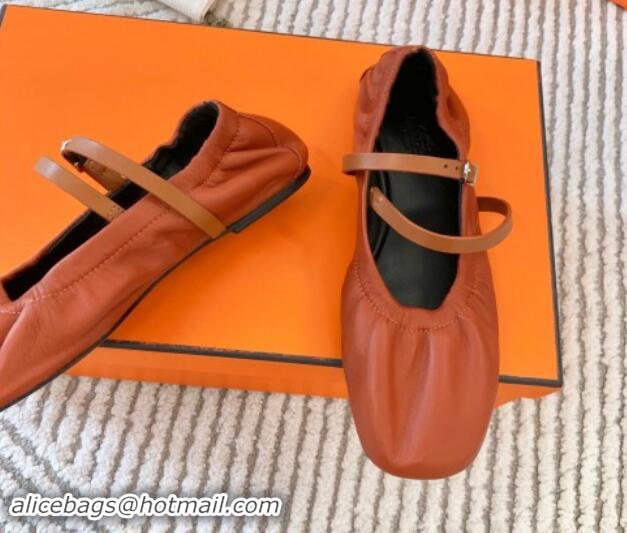 Grade Hermes Jolly Ballet Flats in Calfskin Leather Wrap-Around Strap Brown 1008139