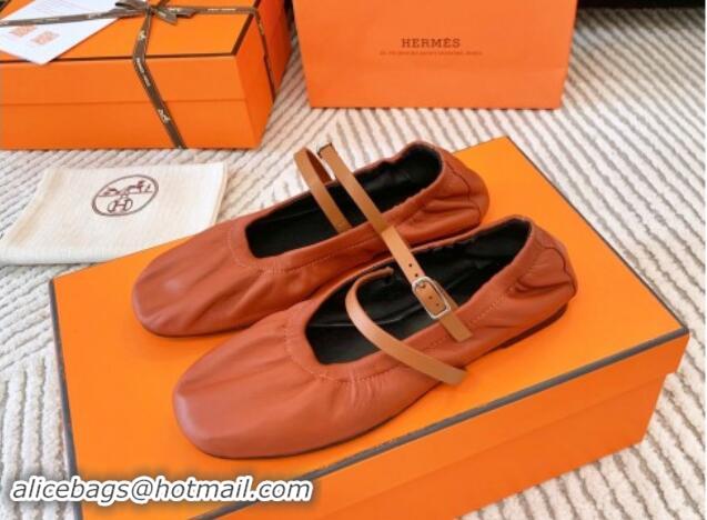 Grade Hermes Jolly Ballet Flats in Calfskin Leather Wrap-Around Strap Brown 1008139