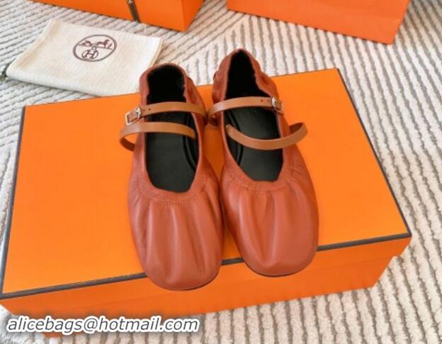 Grade Hermes Jolly Ballet Flats in Calfskin Leather Wrap-Around Strap Brown 1008139