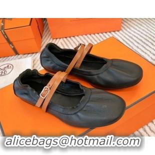 aaaaa Hermes Jolly Ballet Flats in Calfskin Leather Wrap-Around Strap Black 1008140