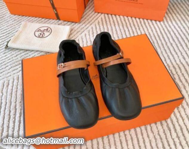 aaaaa Hermes Jolly Ballet Flats in Calfskin Leather Wrap-Around Strap Black 1008140