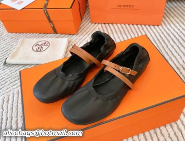 aaaaa Hermes Jolly Ballet Flats in Calfskin Leather Wrap-Around Strap Black 1008140