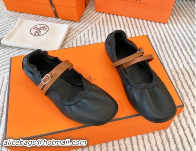 aaaaa Hermes Jolly Ballet Flats in Calfskin Leather Wrap-Around Strap Black 1008140