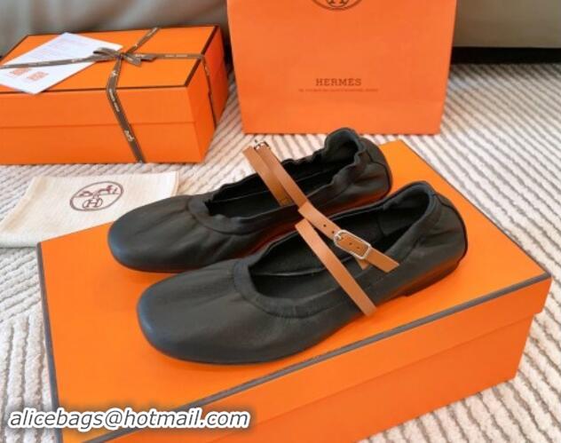 aaaaa Hermes Jolly Ballet Flats in Calfskin Leather Wrap-Around Strap Black 1008140