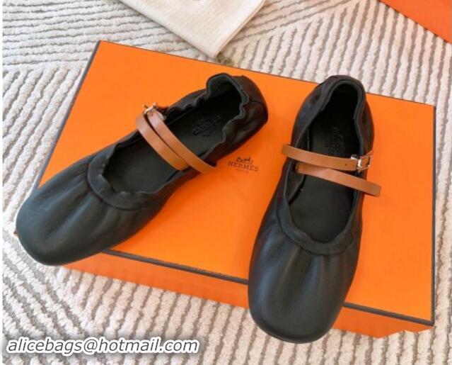 aaaaa Hermes Jolly Ballet Flats in Calfskin Leather Wrap-Around Strap Black 1008140