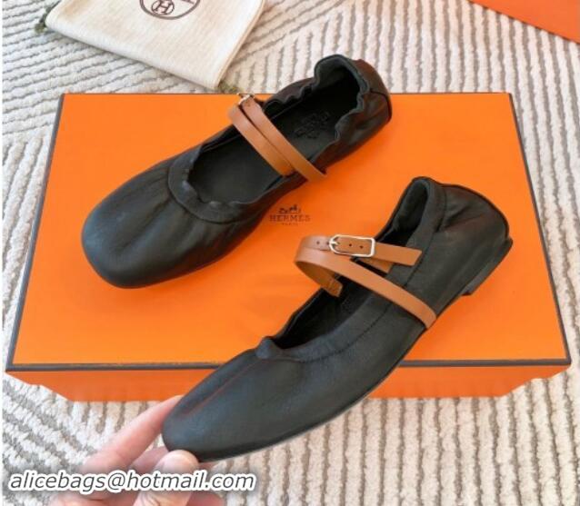 aaaaa Hermes Jolly Ballet Flats in Calfskin Leather Wrap-Around Strap Black 1008140