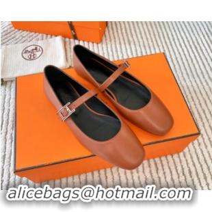 Stylish Hermes Mary Jane Ballet Flat in Calfskin with Hapi Buckle Brown 1008141