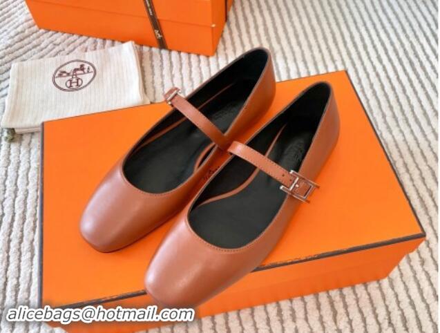 Stylish Hermes Mary Jane Ballet Flat in Calfskin with Hapi Buckle Brown 1008141