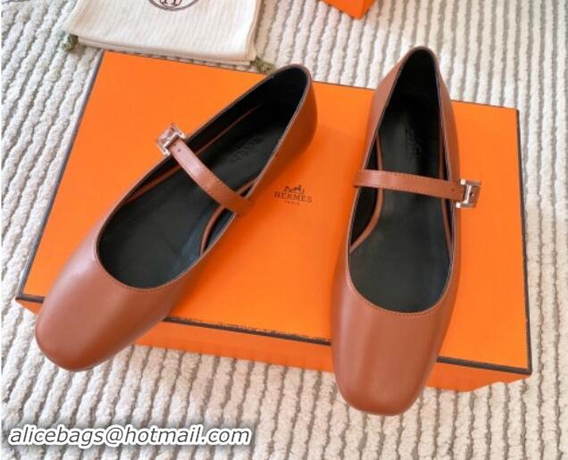 Stylish Hermes Mary Jane Ballet Flat in Calfskin with Hapi Buckle Brown 1008141