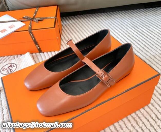 Stylish Hermes Mary Jane Ballet Flat in Calfskin with Hapi Buckle Brown 1008141