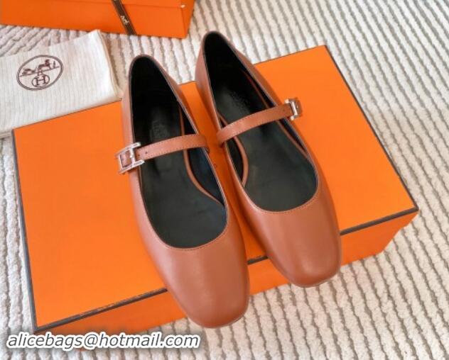 Stylish Hermes Mary Jane Ballet Flat in Calfskin with Hapi Buckle Brown 1008141