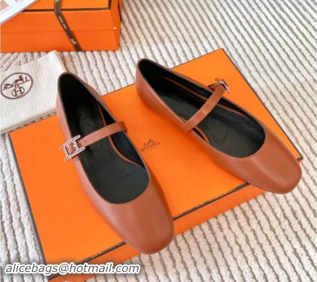 Stylish Hermes Mary Jane Ballet Flat in Calfskin with Hapi Buckle Brown 1008141