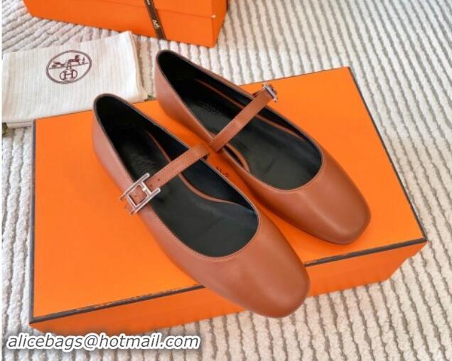 Stylish Hermes Mary Jane Ballet Flat in Calfskin with Hapi Buckle Brown 1008141