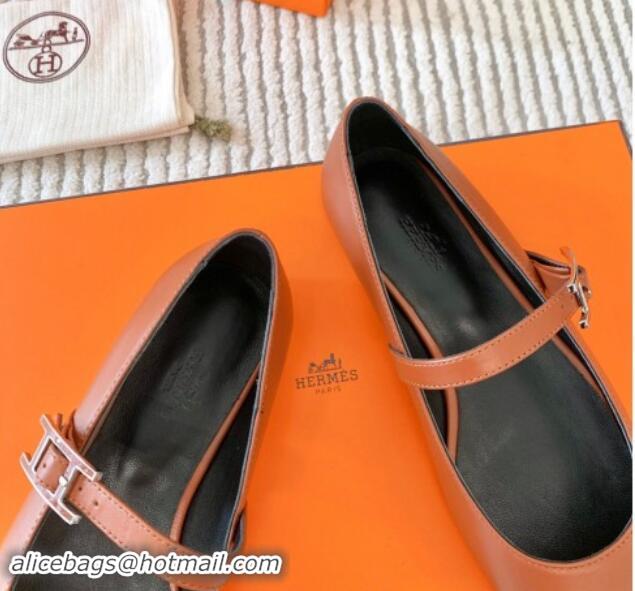 Stylish Hermes Mary Jane Ballet Flat in Calfskin with Hapi Buckle Brown 1008141