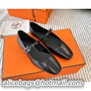 Shop Cheap Hermes Mary Jane Ballet Flat in Calfskin with Hapi Buckle Black 1008142