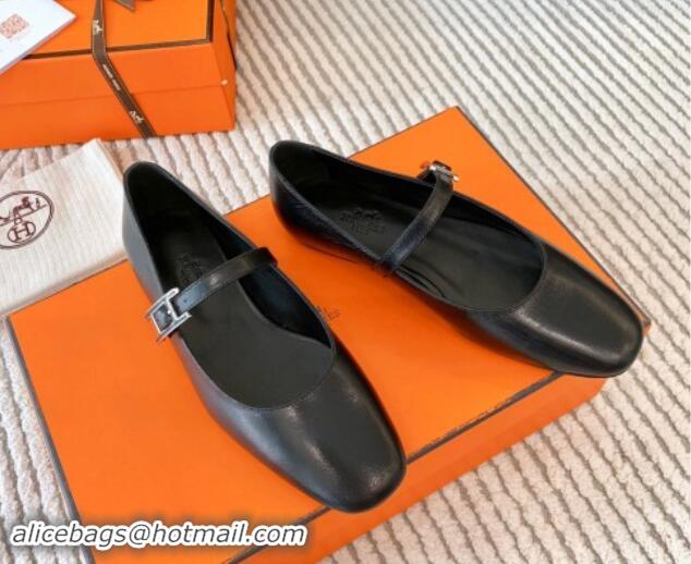 Shop Cheap Hermes Mary Jane Ballet Flat in Calfskin with Hapi Buckle Black 1008142