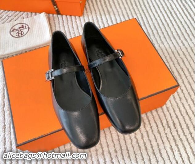 Shop Cheap Hermes Mary Jane Ballet Flat in Calfskin with Hapi Buckle Black 1008142