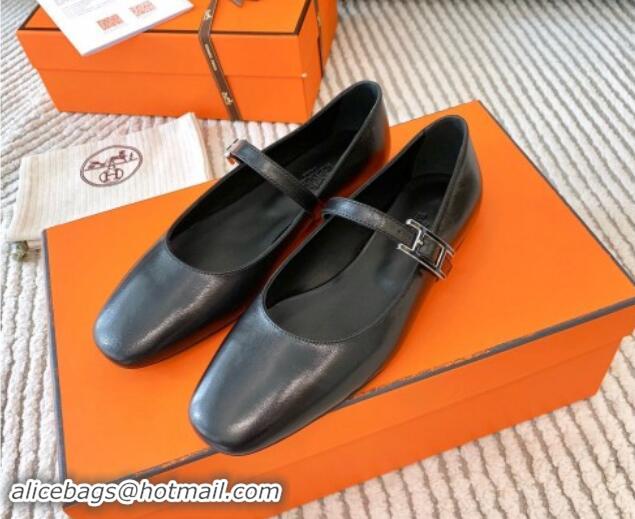 Shop Cheap Hermes Mary Jane Ballet Flat in Calfskin with Hapi Buckle Black 1008142